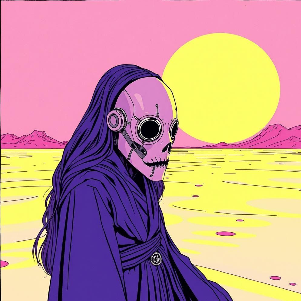 Masked Woman in Ultraviolet Desert, Minimalist Illustration
