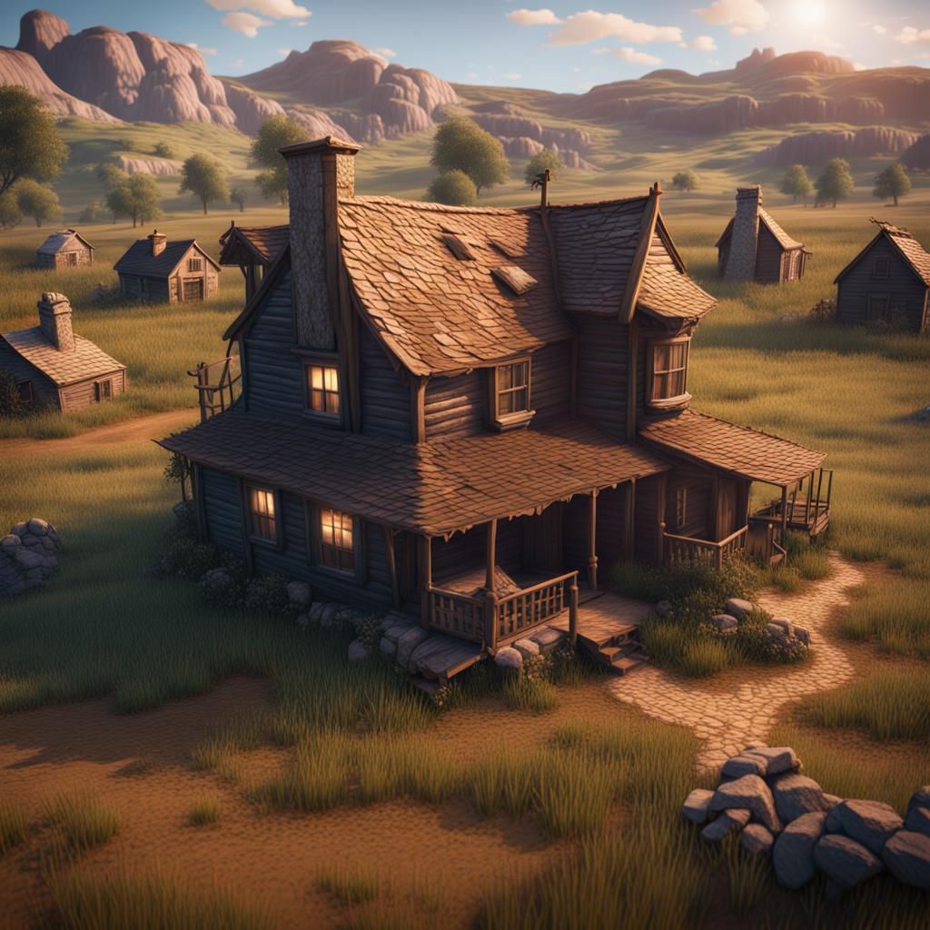 Whimsical Prairie Cottage in Fantasy Landscape