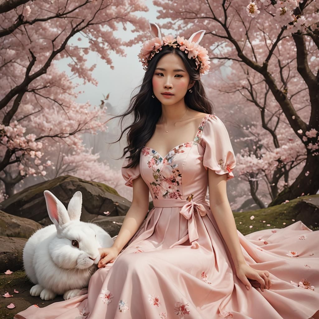 Whimsical Asian Temple Scene with Cherry Blossoms and Cuddly...