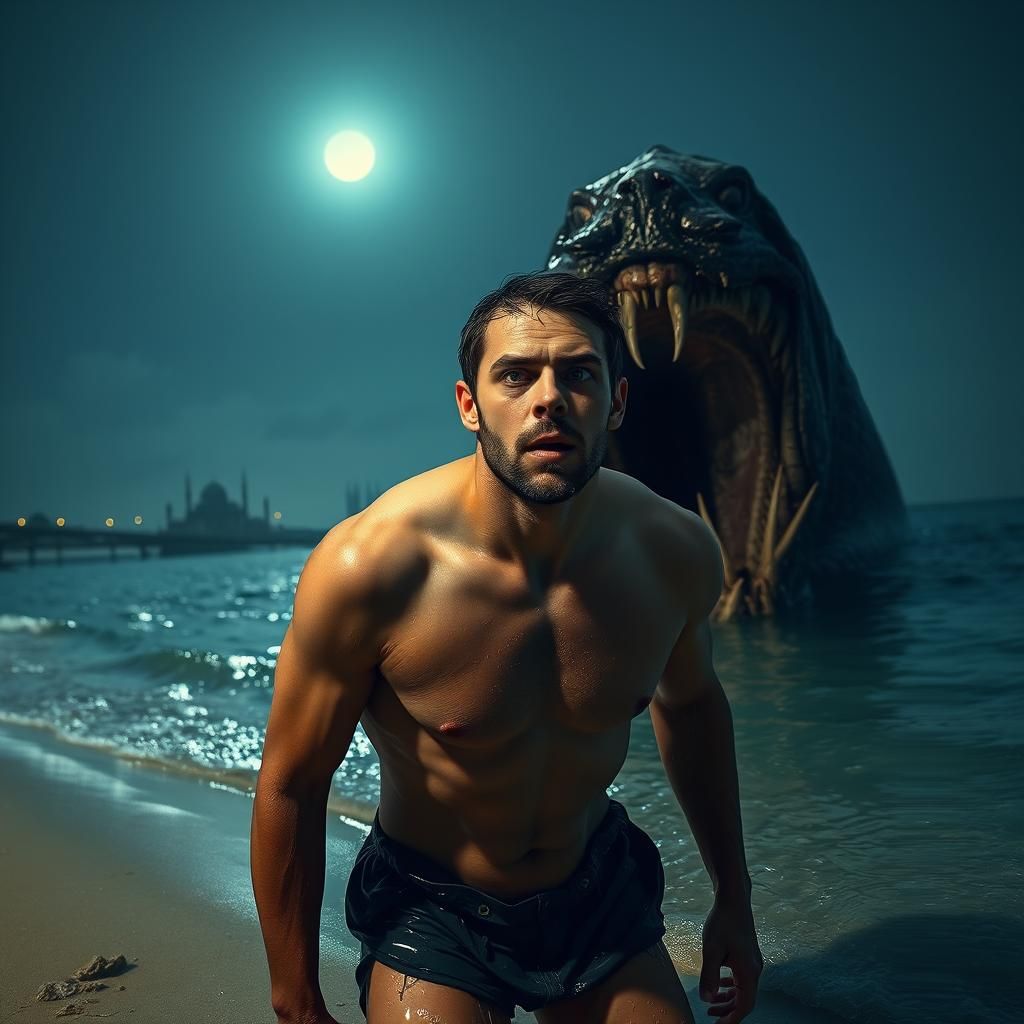 Male Swimmer Confronts Terrifying Sea Monster on Desolate Be...