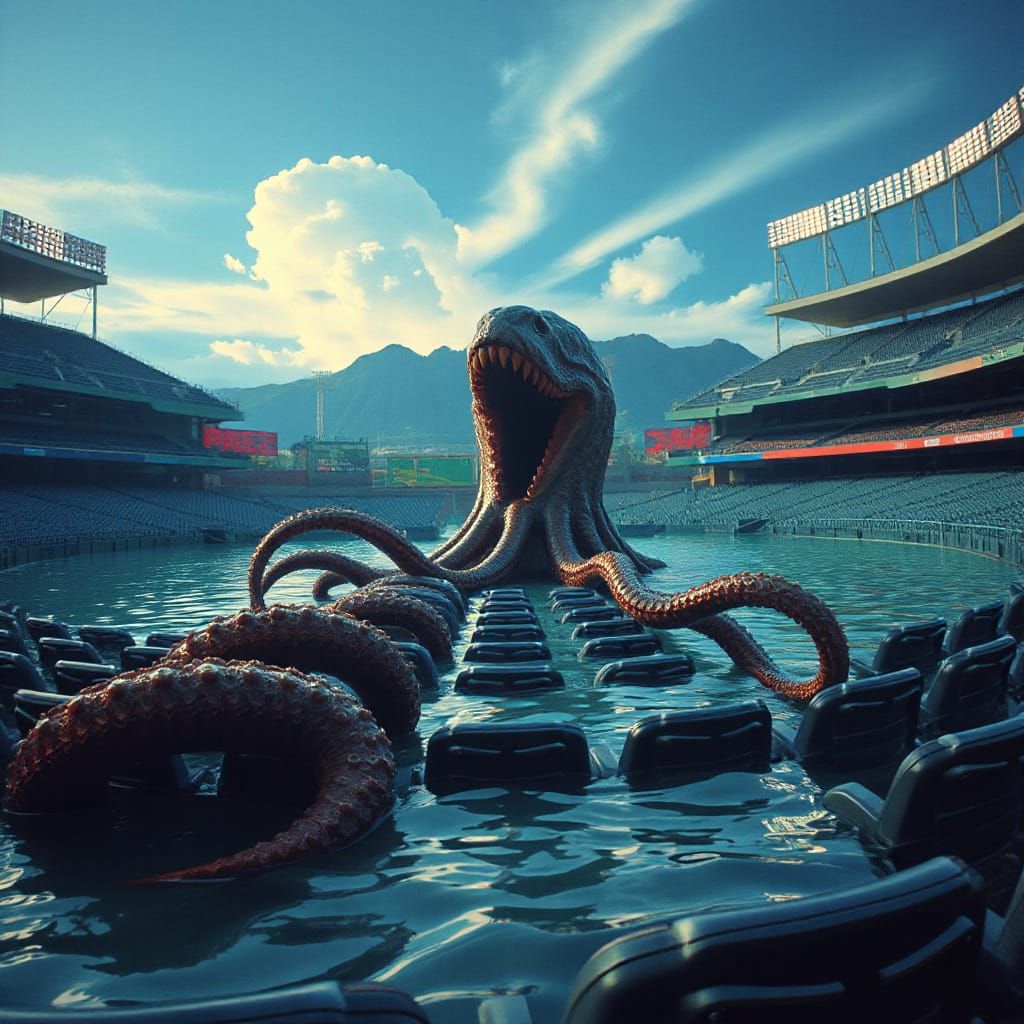 Kraken Emerges in Flooded Baseball Stadium