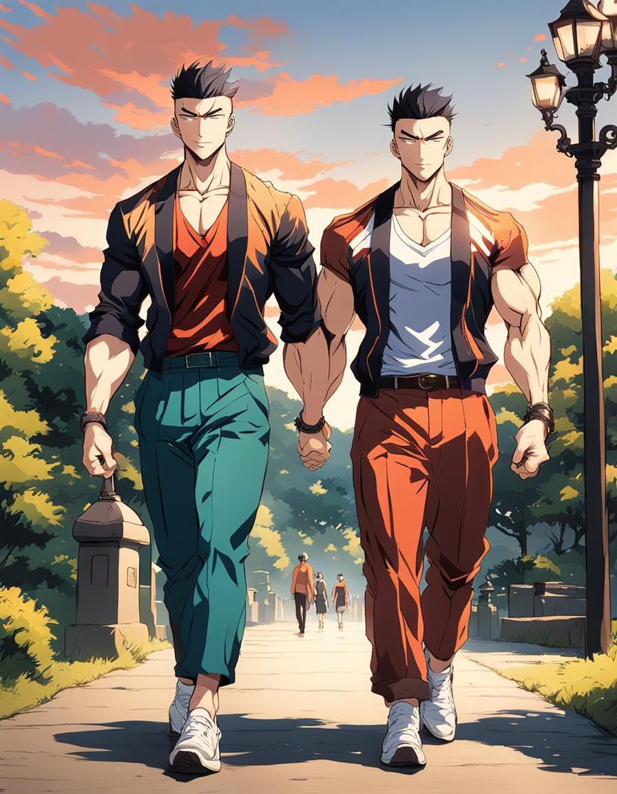 Male couple walk through a park