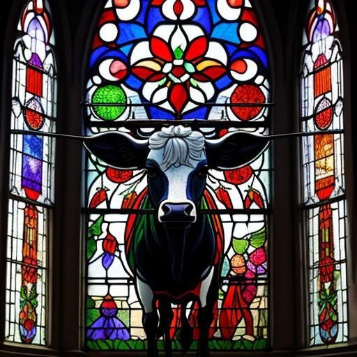 A Vibrant Stained Glass Cow Adorned with Holly