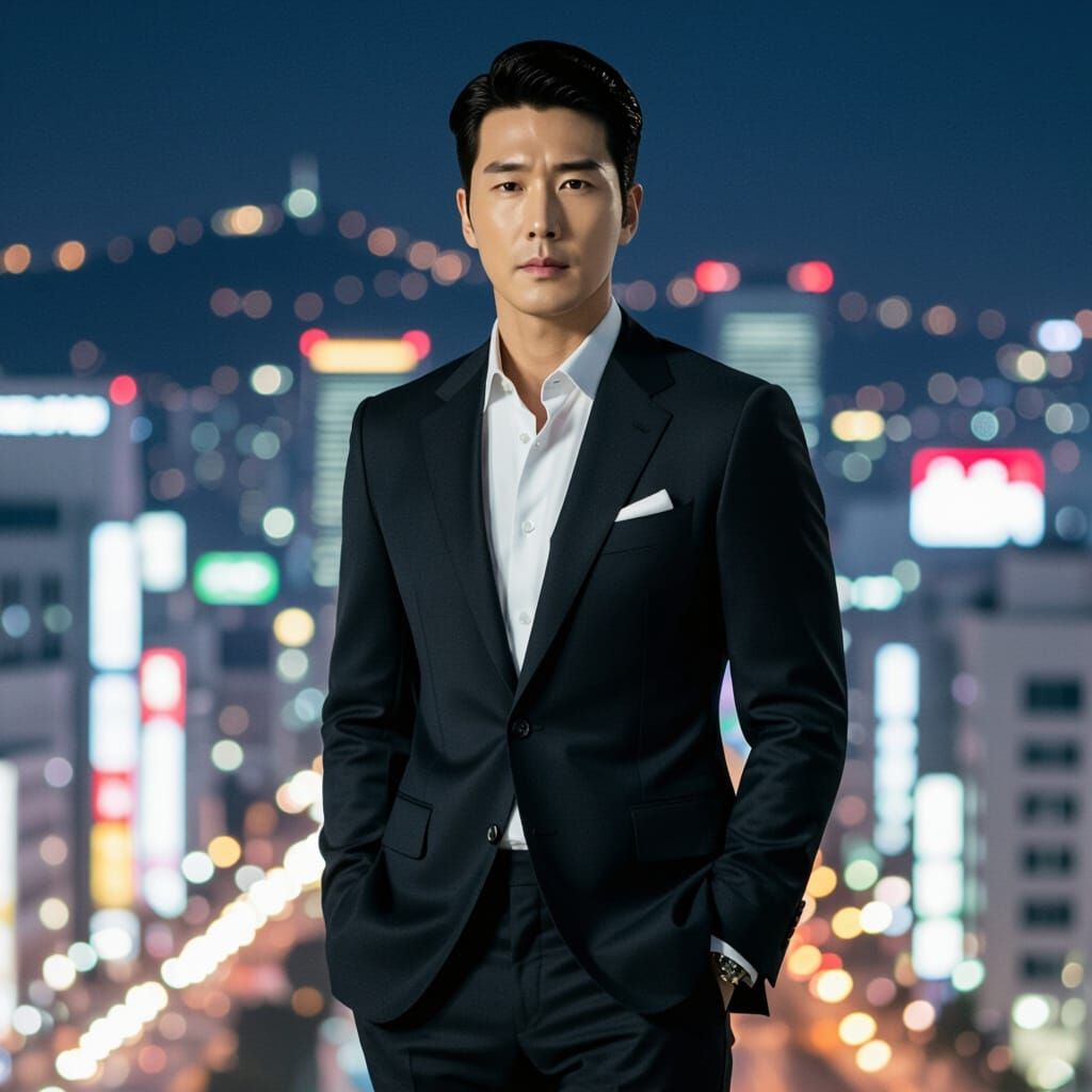 Hyun Bin in Seoul: Cinematic High-Contrast Portrait