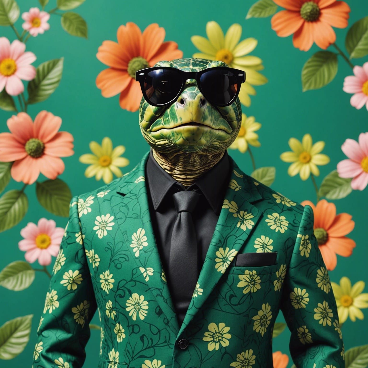 Sleek Turtle in a Sophisticated Green Floral Setting