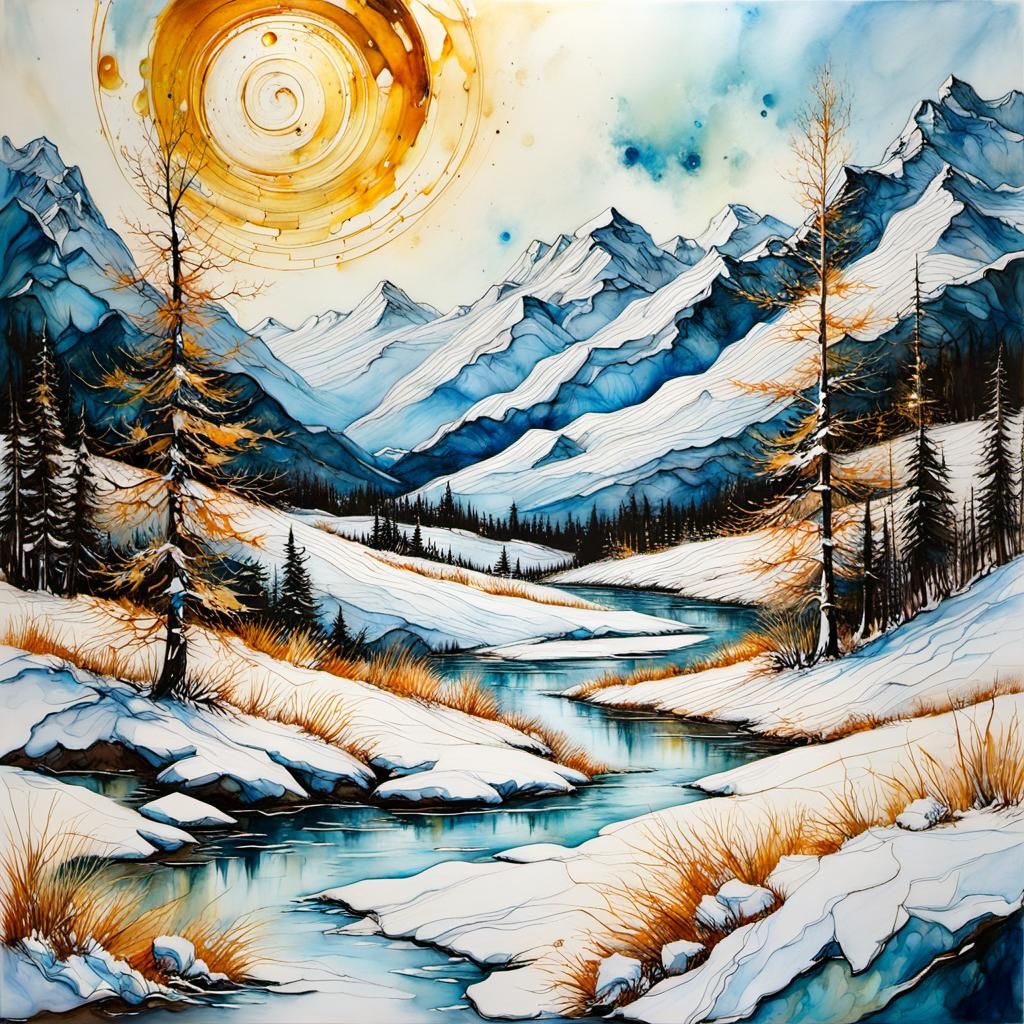 Vibrant Golden Landscape in Encaustic Snow