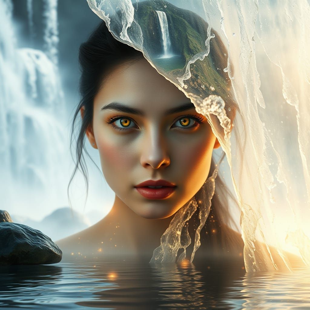 Surreal Waterfall Goddess Blends with Dreamlike Scenery