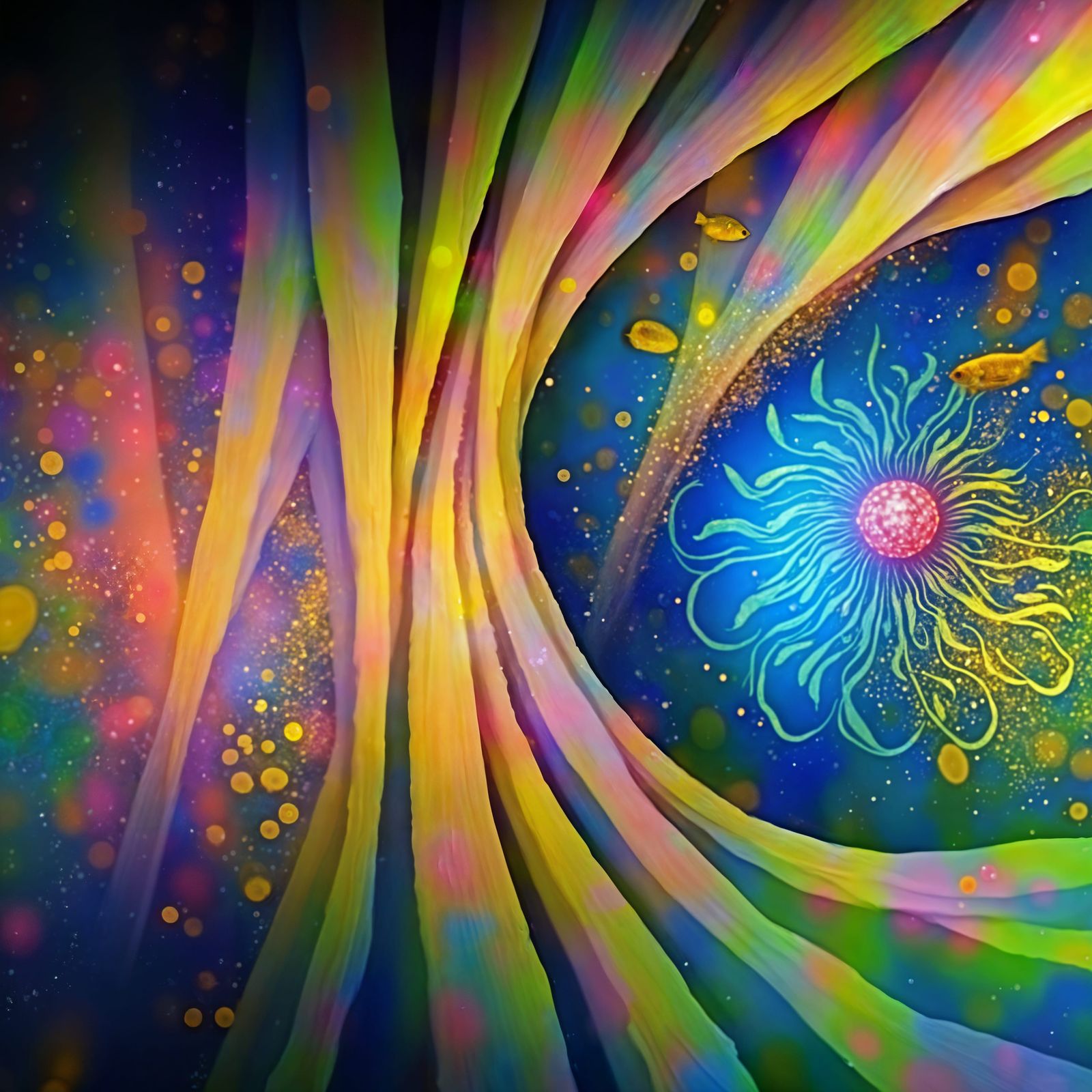 Fantasy Album Cover Art of Glowing Fish in Sunset