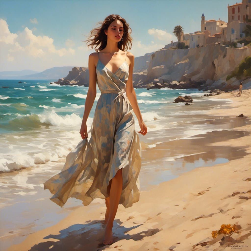 Beautiful Woman in Sundress on Beach, Artgerm-Inspired Portr...