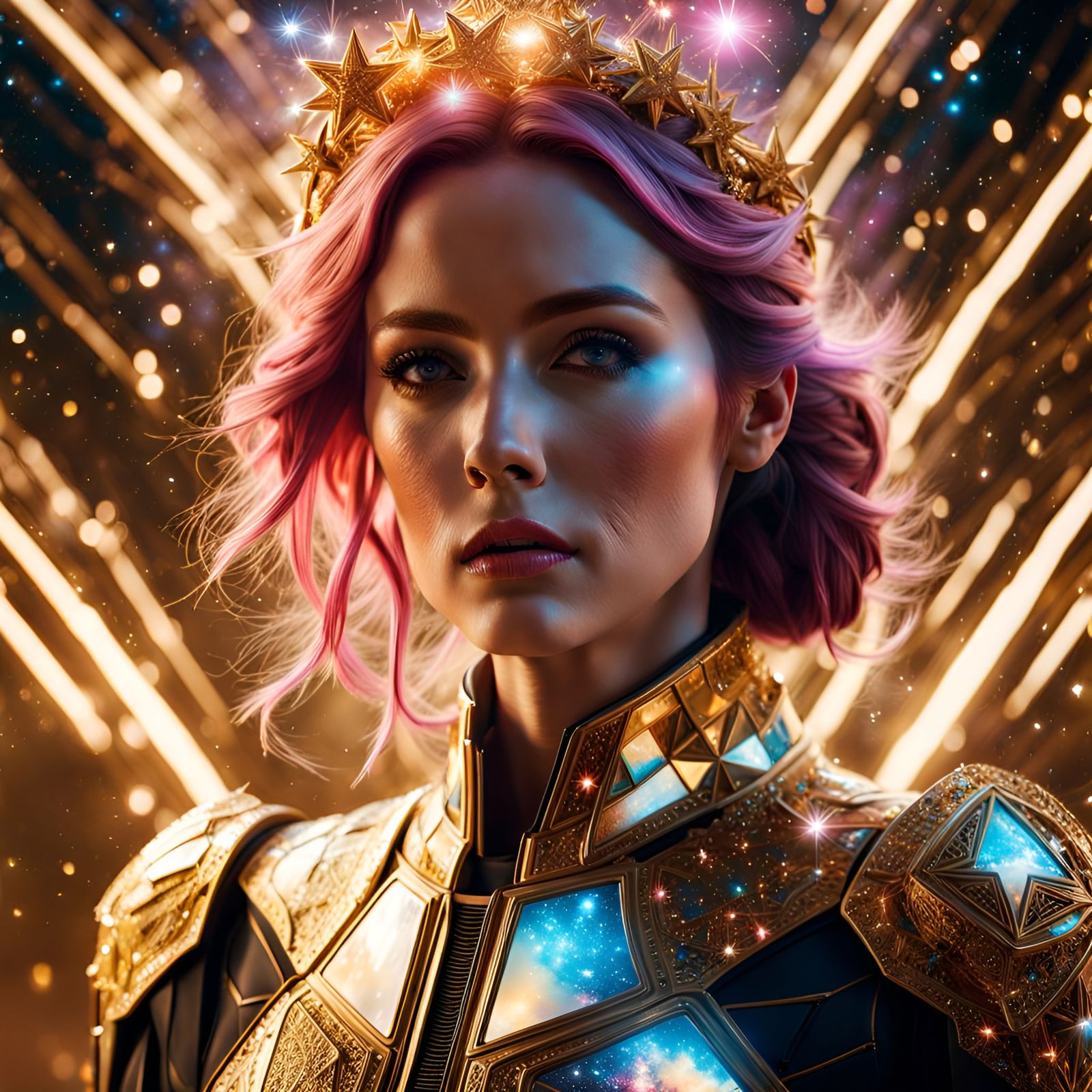 Ethereal Realistic Portrait of Golden Goddess in Cosmic Star...