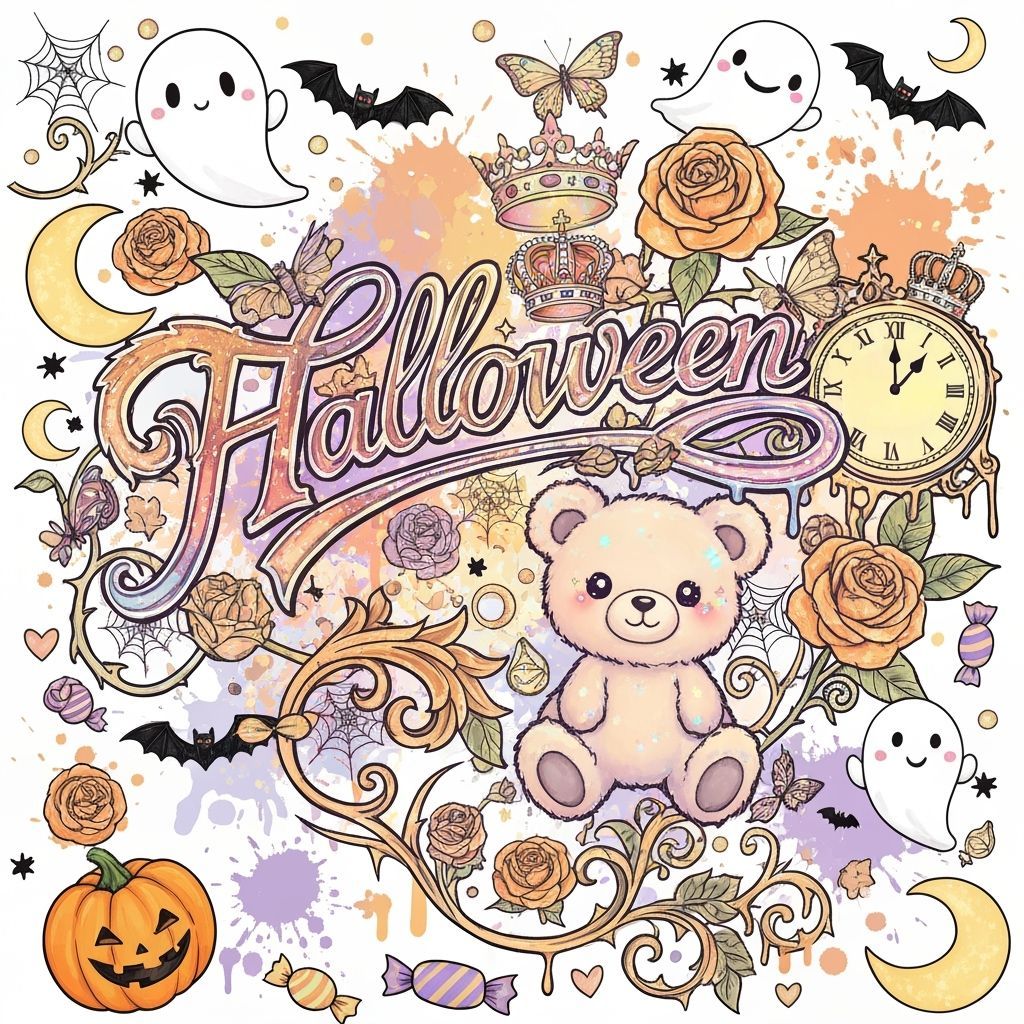 Whimsical Pastel Halloween Pattern with Gothic Calligraphy