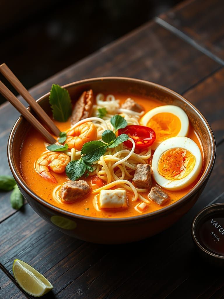 Vibrant Malaysian Curry Laksa: Cinematic Food Photography
