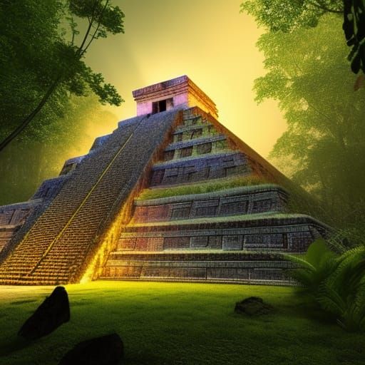Ethereal Mayan Temple Radiates in Luminous Fractal Patterns