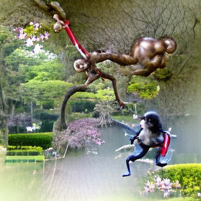 Cyborg Monkey Swings on Bozai Tree in Exquisite Japanese Gar...