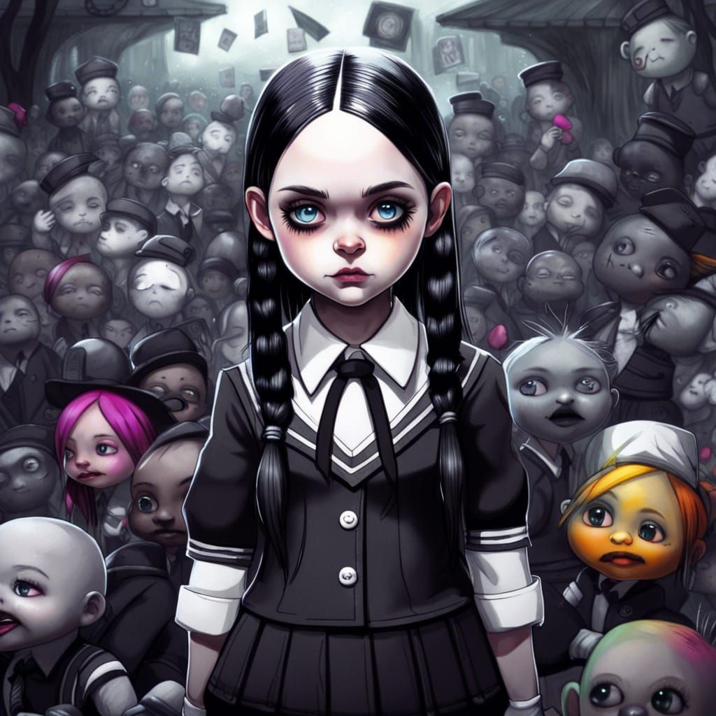 Chibi Wednesday Addams in Greyscale Fantasy Portrait