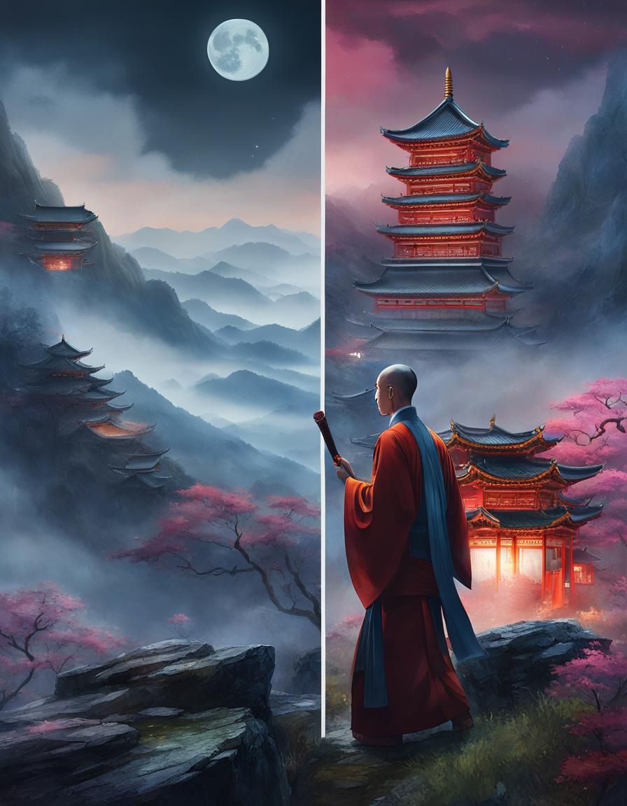 Surreal Asian Monk Practices Kung Fu Under Misty Moonlight