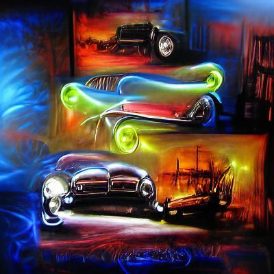 Vibrant Retro Cars in Neon Oil on Canvas