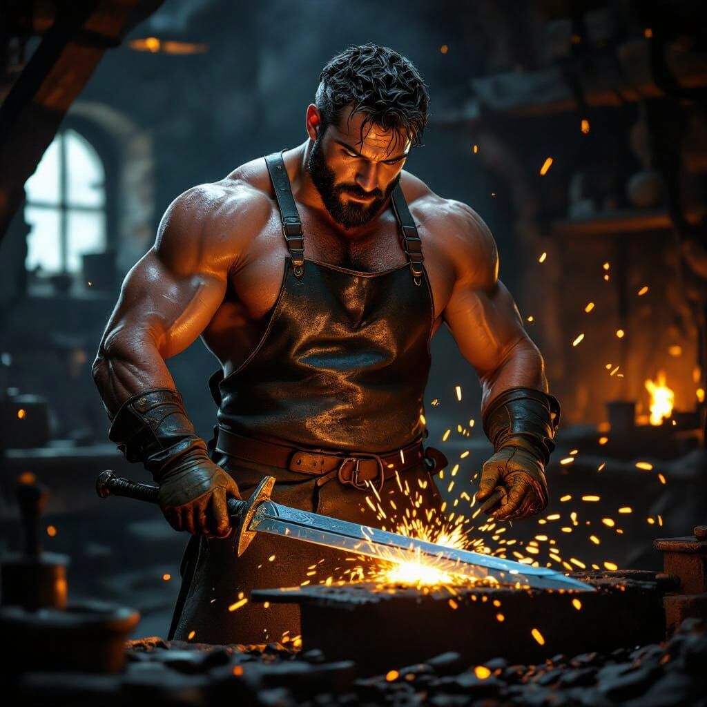 Blacksmith Forging a Glowing Sword in Hyperrealistic Style