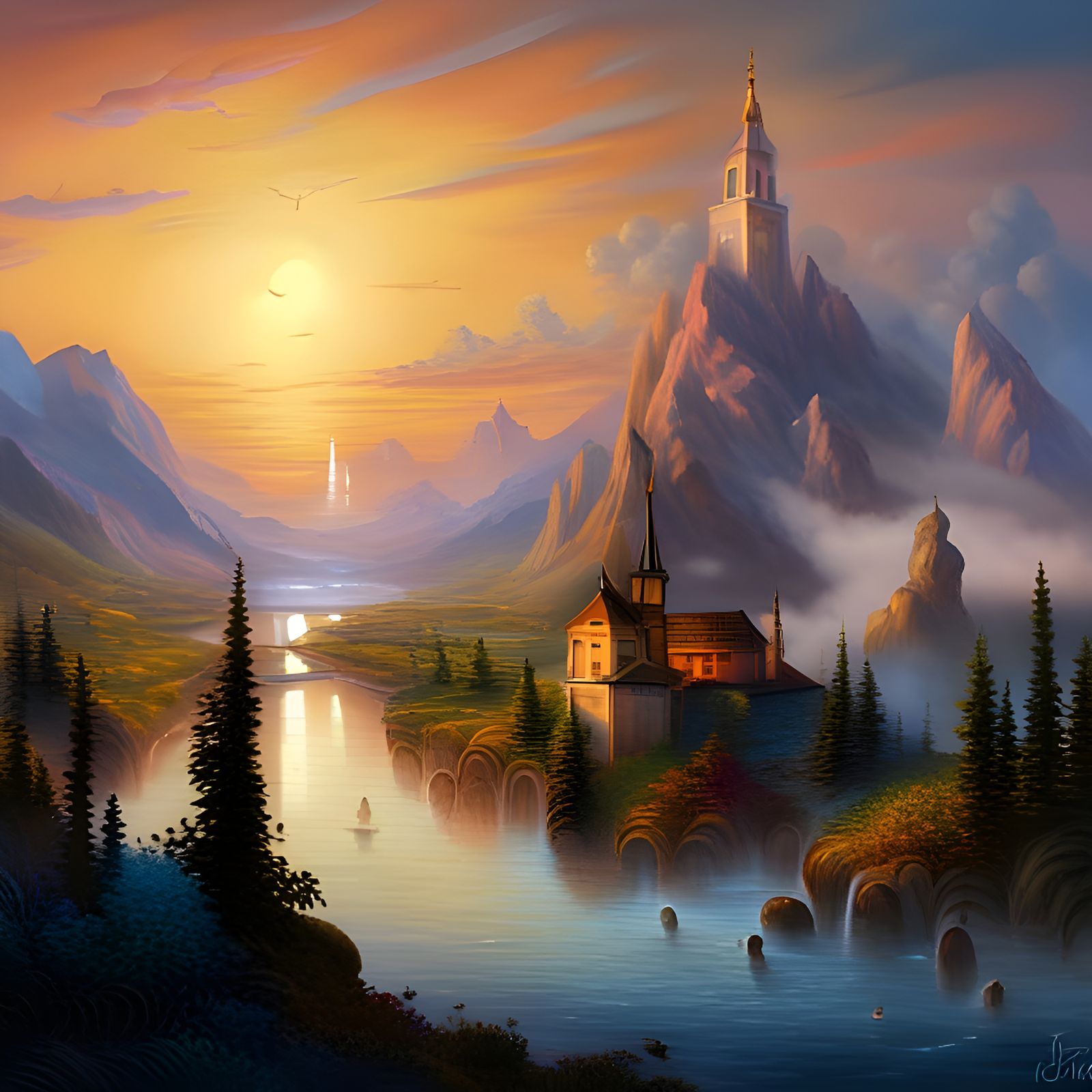 Ethereal Mountain Landscape with Surreal Elements