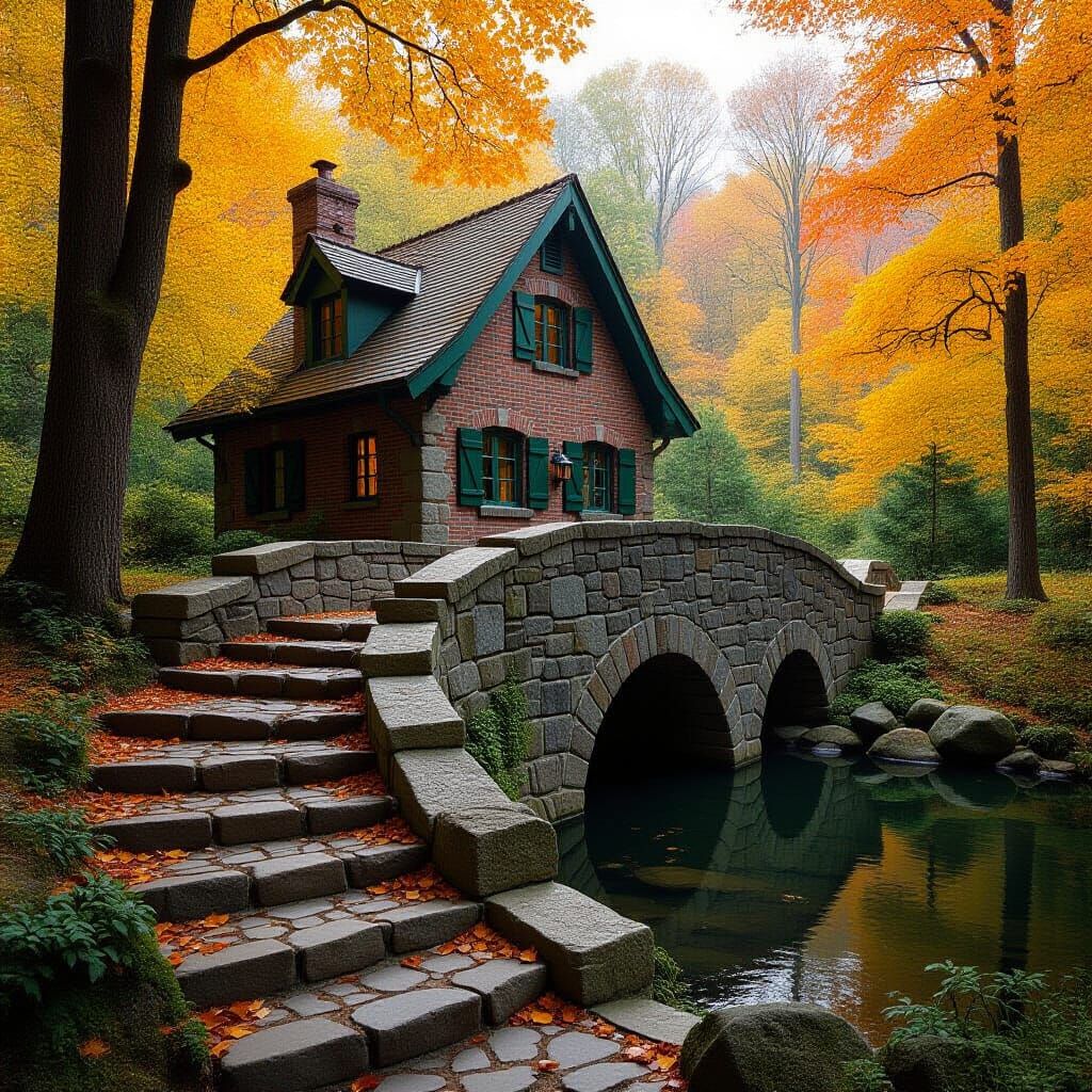 Autumnal Magic Forest Home by Pond
