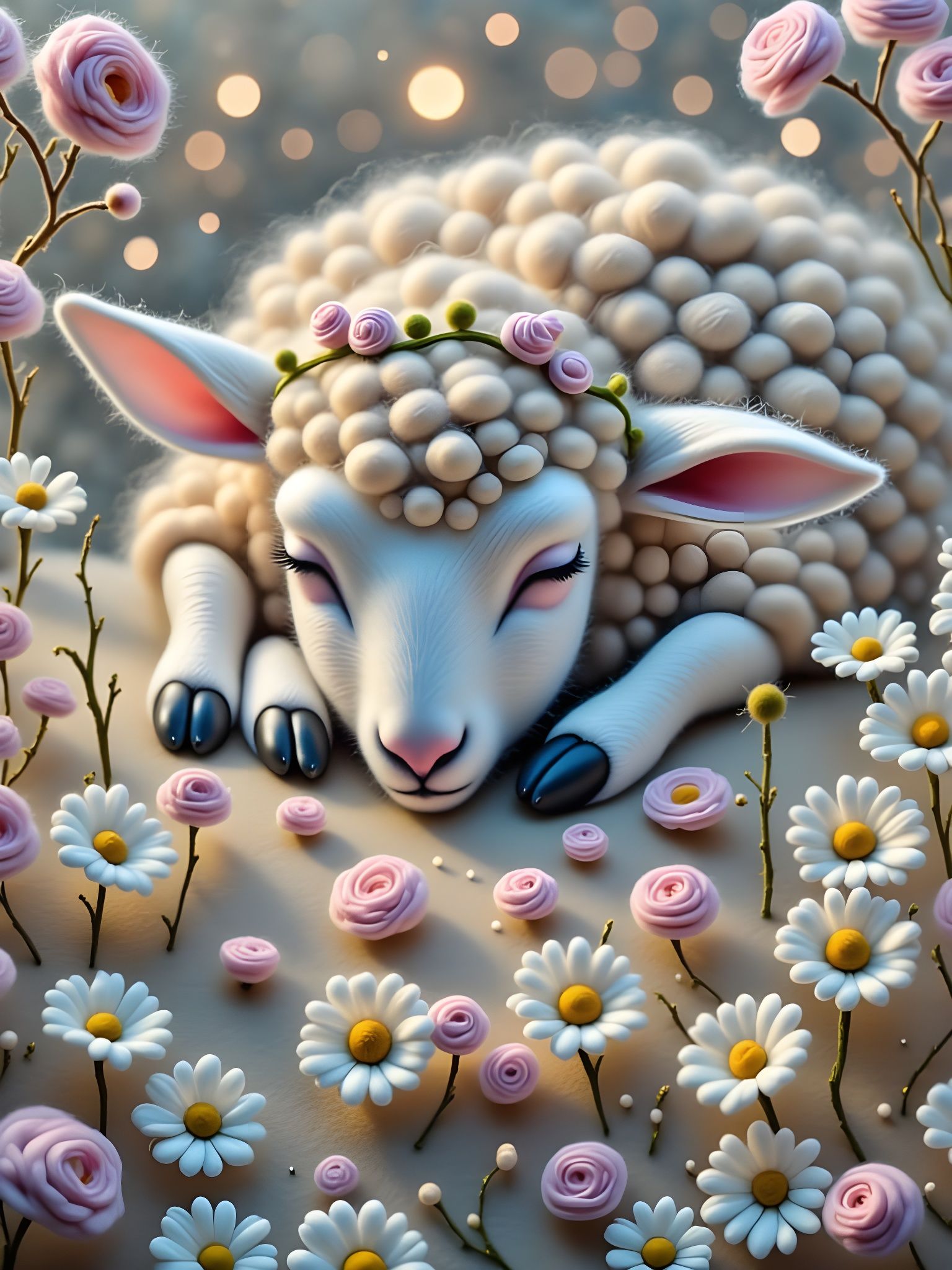 Ethereal Baby Lamb Sleeping Amidst Blossoms
