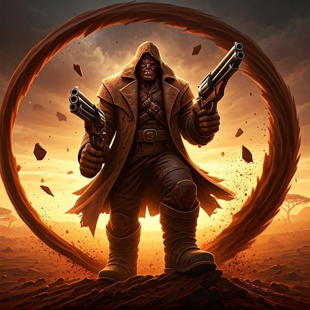 Heroic Chocolate Hulk Stands Tall in a Dark, Sunset-Lit Sava...