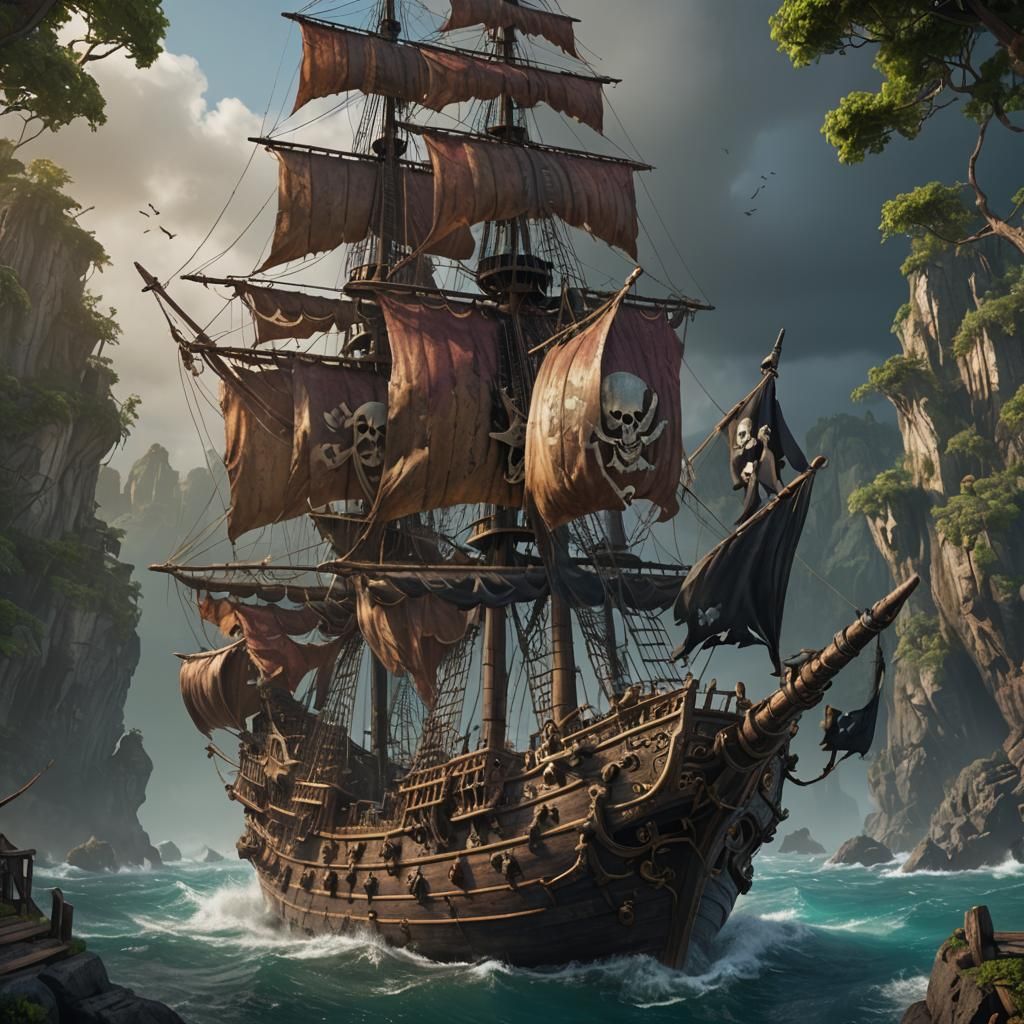 Fantastical Pirate Ship Amidst Deep Blues and Vibrant Hues