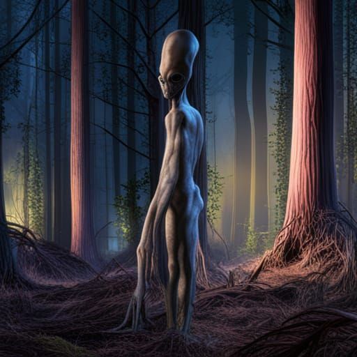 A Skinny Alien Seeks Camouflage in the Twilight Woods