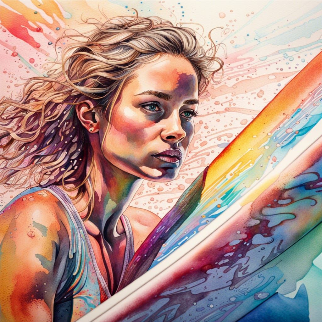Vibrant Portrait of a Petite Surfer in Watercolour