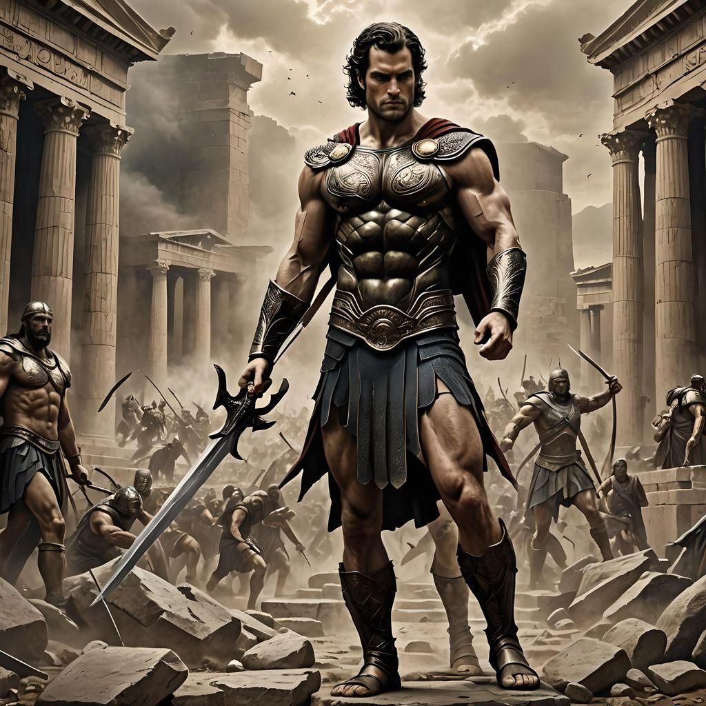 Theseus Battles a Fearsome Beast in Ancient Greek Style