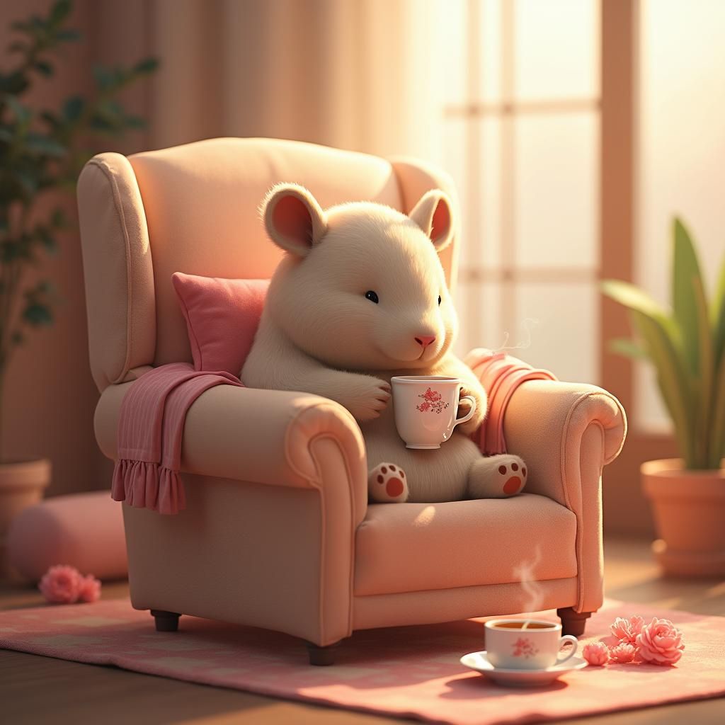 Surreal Kawaii Capybara Sips Tea in Plush Armchair