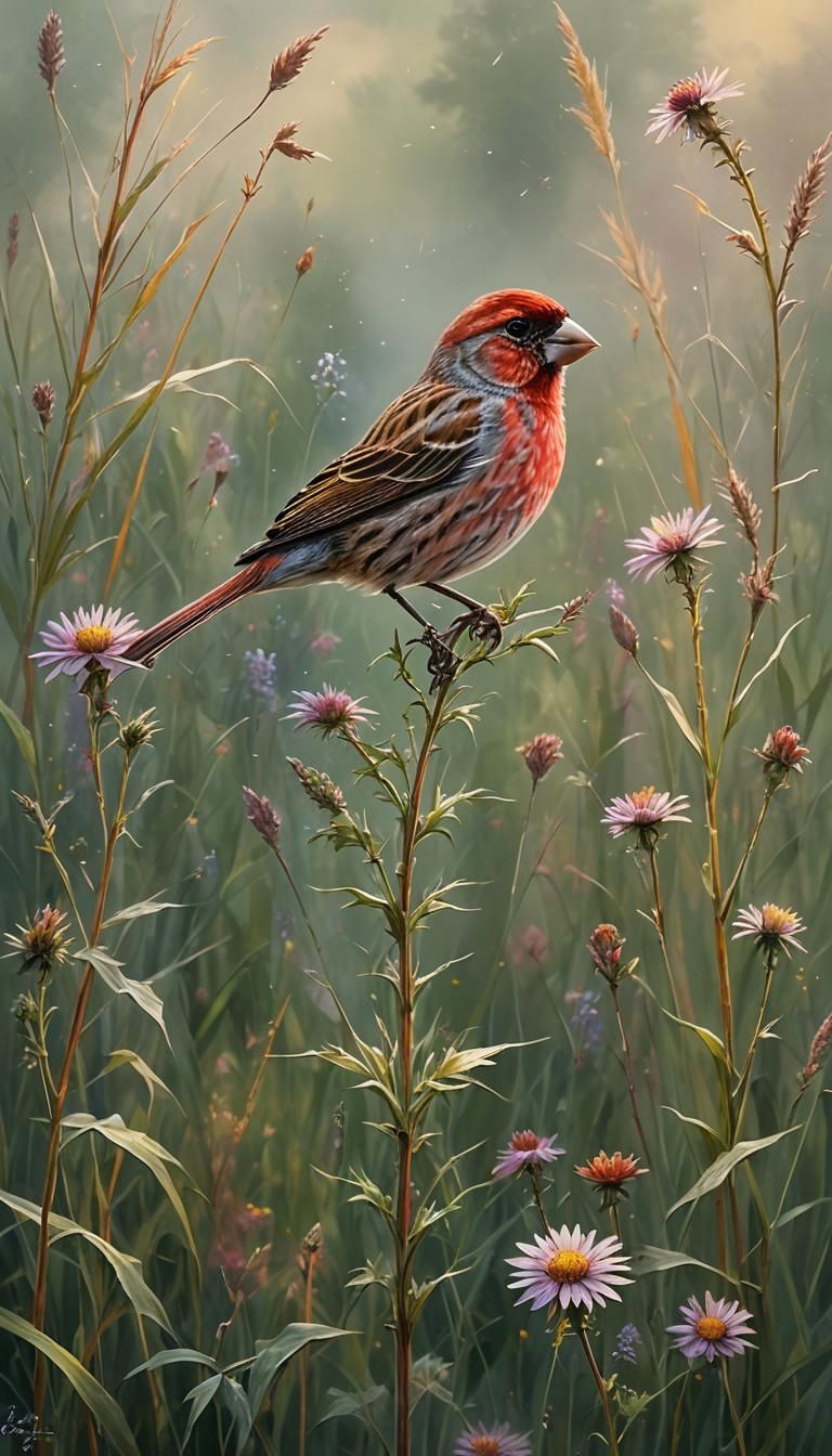 Whimsical House Finch in Enchanted Wildflower Meadow