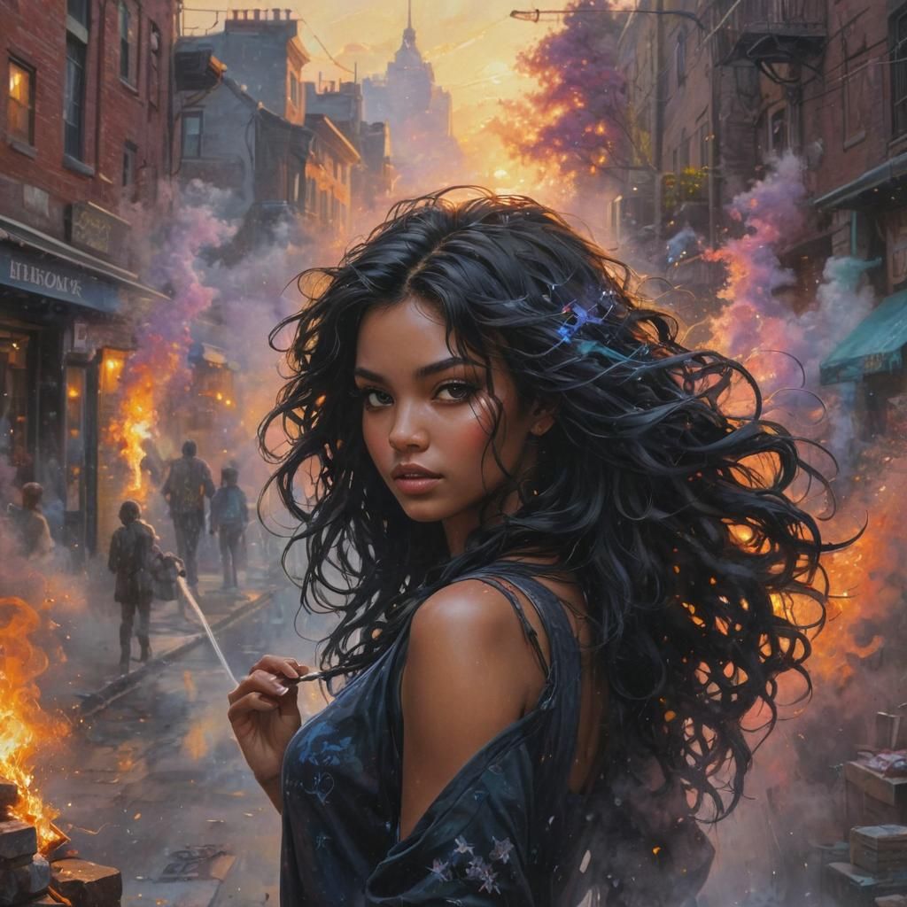 Hyperrealistic Sunset Hair in Graffiti Style