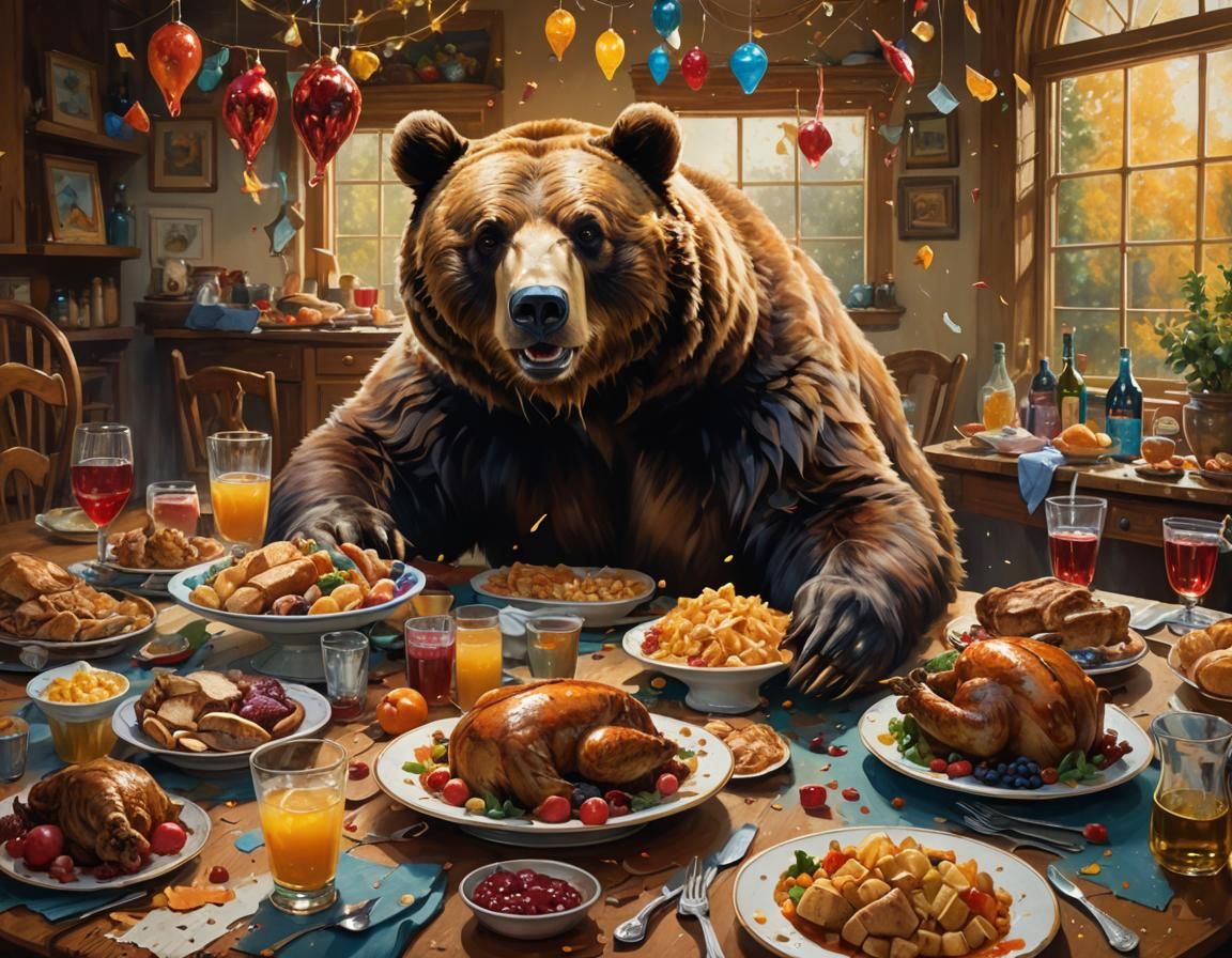 A dining table in disarray, with spilled drinks, toppled dishes, and food flying through the air and a bear on the table...