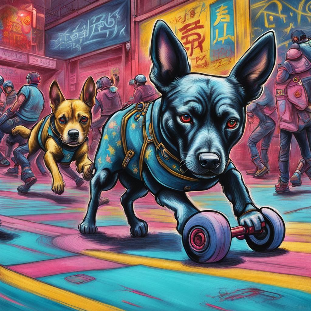 Vibrant Pop Art Roller Derby Scene in Cyberpunk Japan