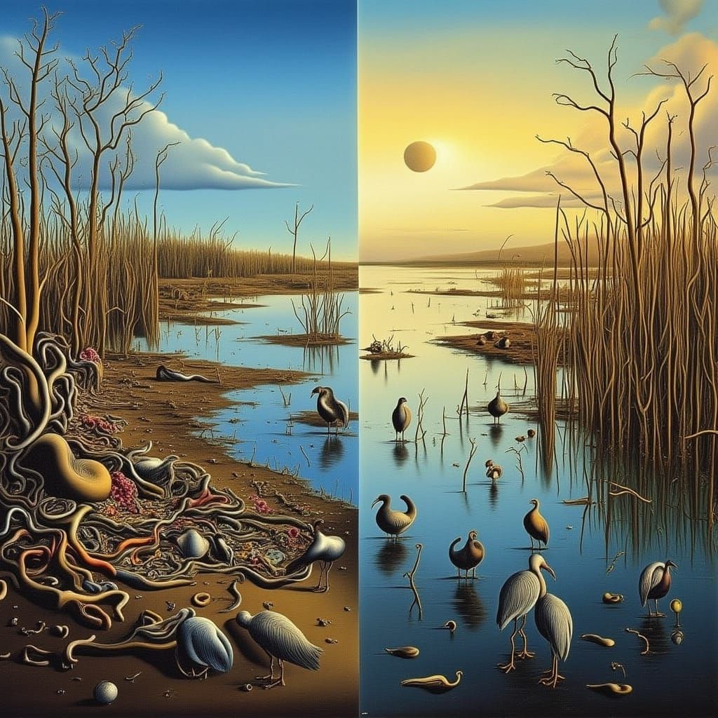 Contrasting Wetlands: Vibrant Nature vs. Polluted Wasteland