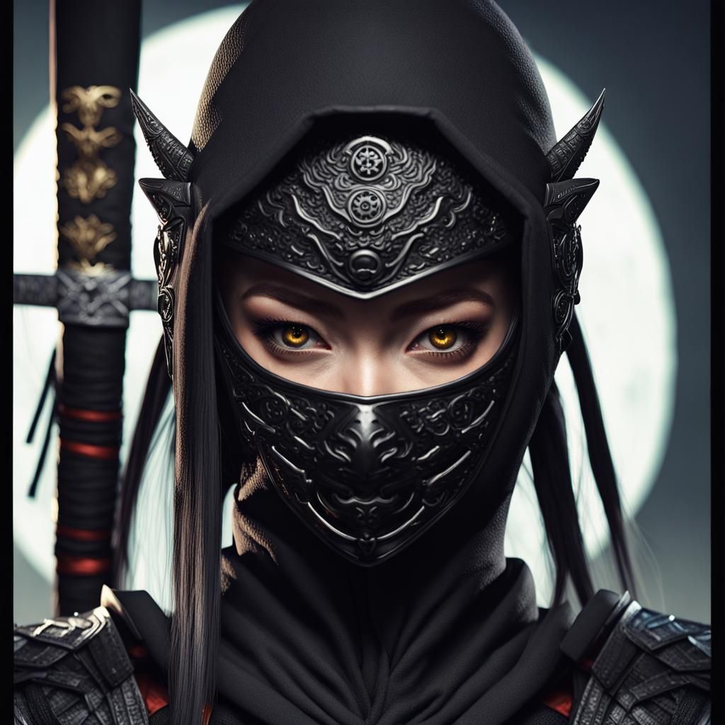 Evil Female Ninja in Vantablack Armor, Staring with Glowing...