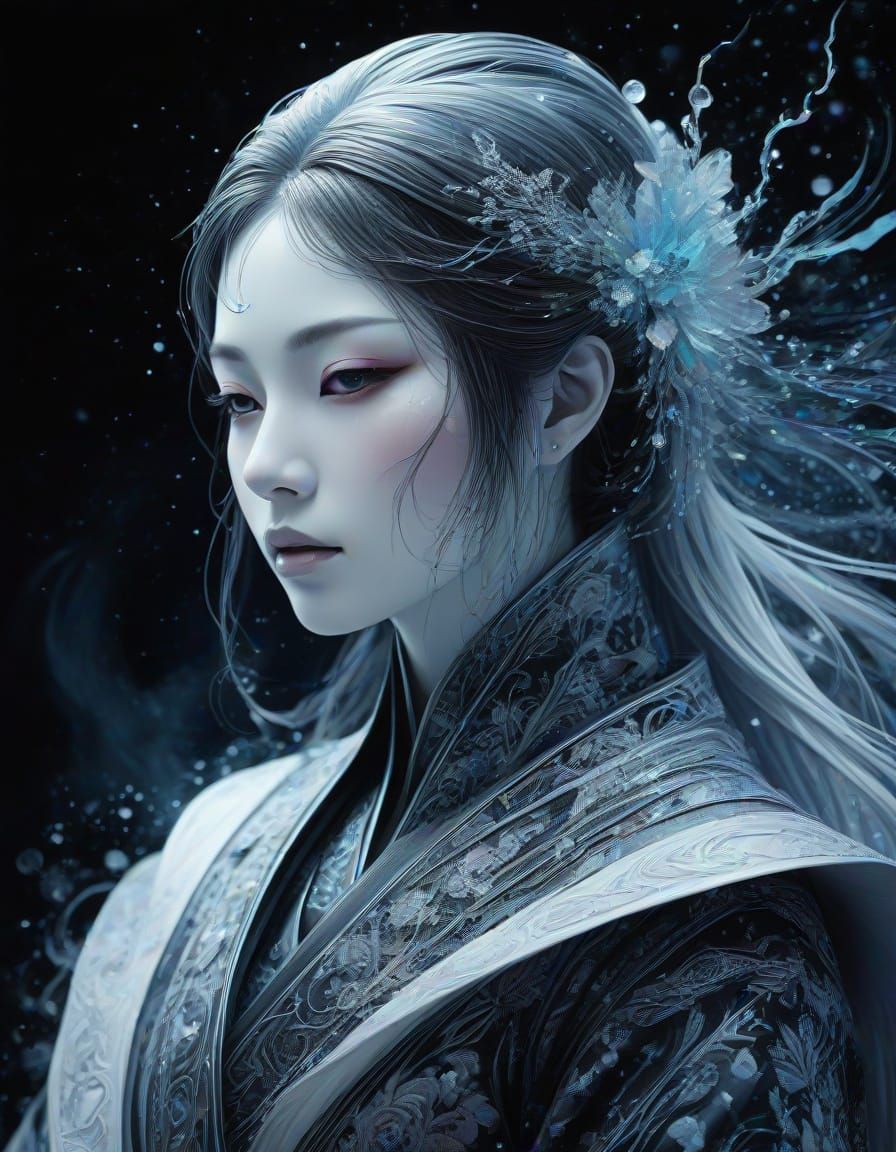 Mythological Yuki-Onna in Cosmic Blizzard Scratchboard