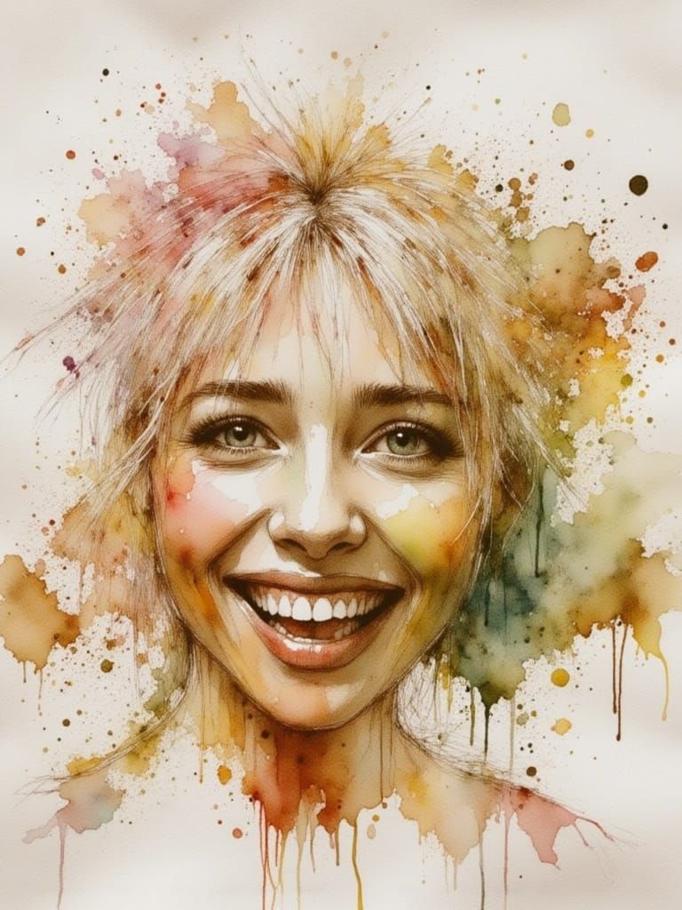 Watercolor Portrait of a Joyful Woman in Soft Ink Style