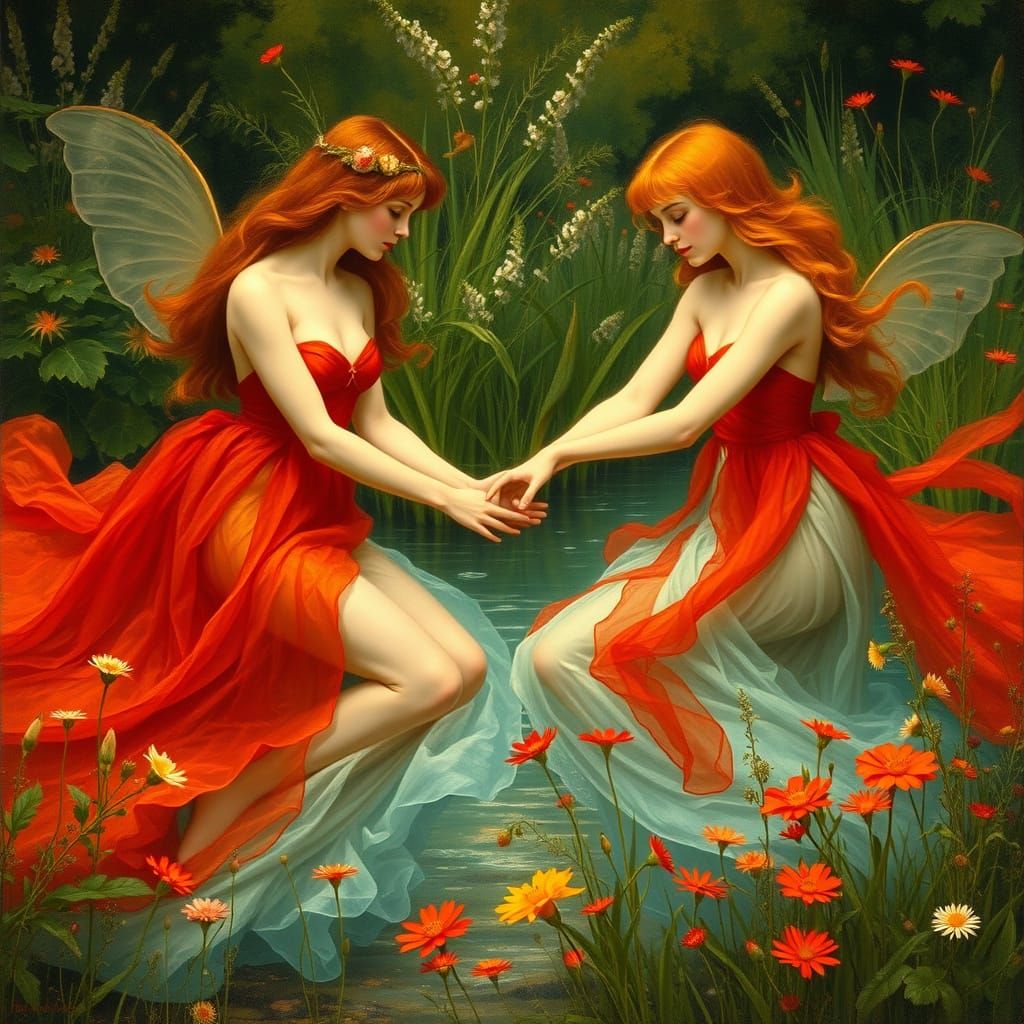 Fire and Water Nymphs in Ethereal Style