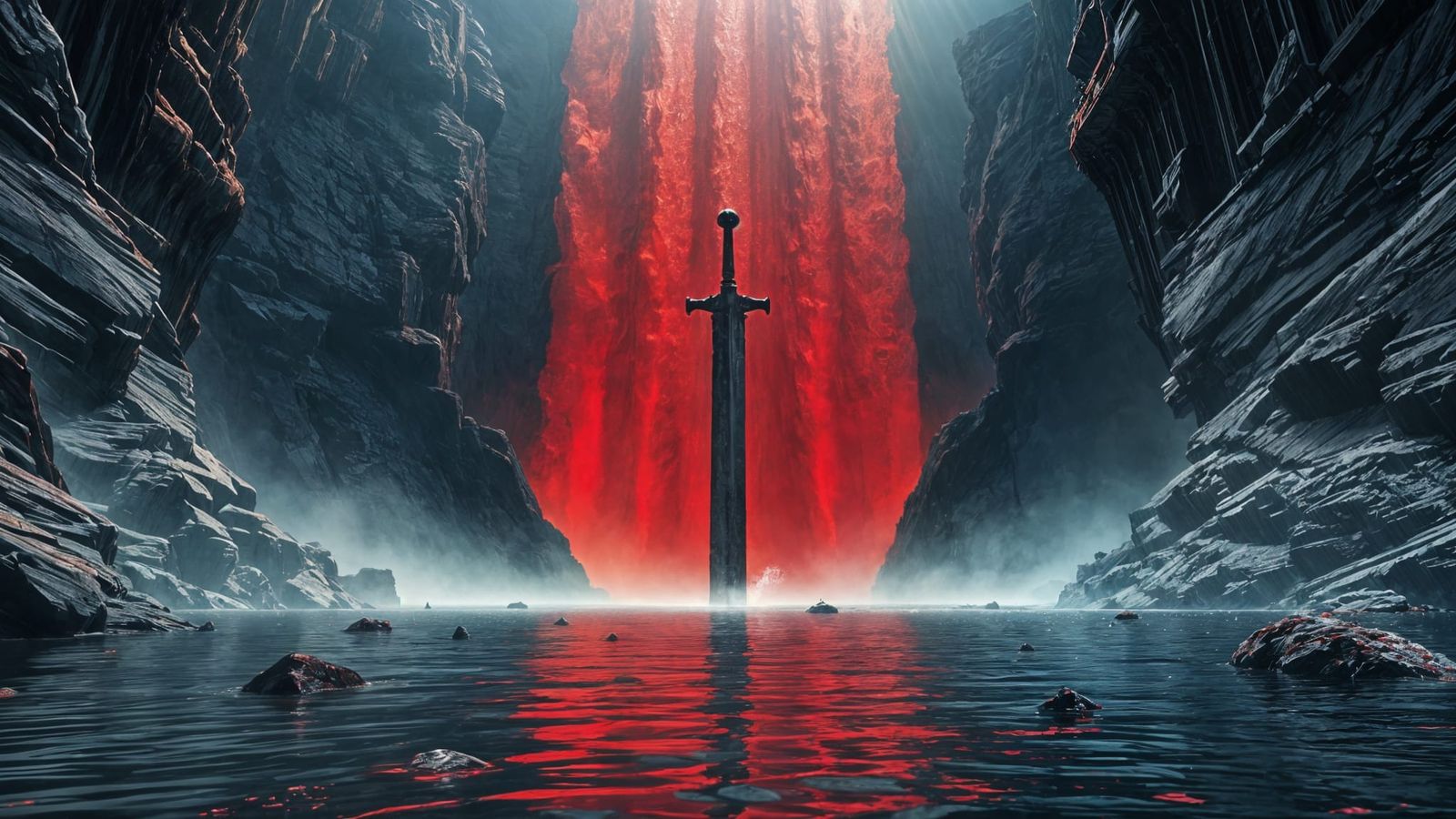 Majestic Apocalyptic Waterfall with Rusted Swords