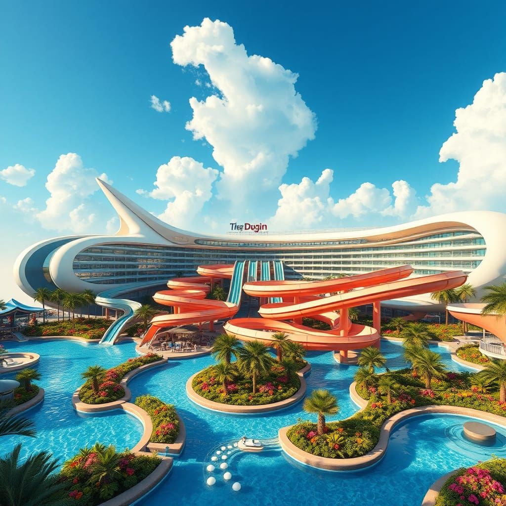 Luxurious Futuristic Water Park with Majestic Slides and Lus...