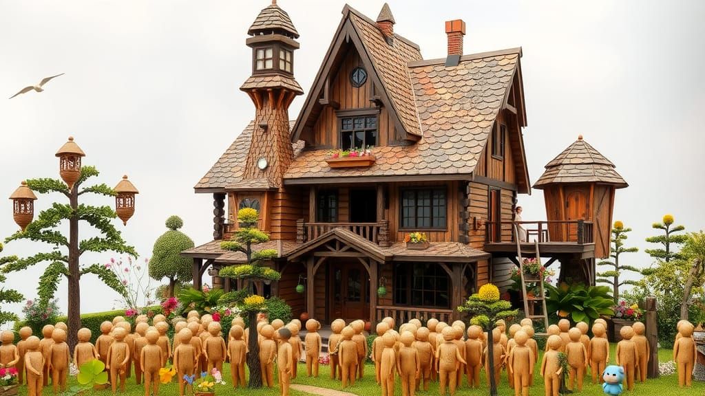 Whimsical House with Wooden Figures in Folk Art Style