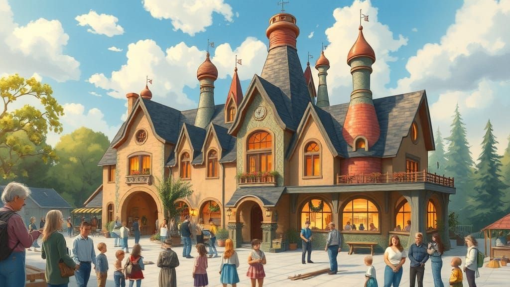 Fairytale Cottage Construction Site, Whimsical Illustration