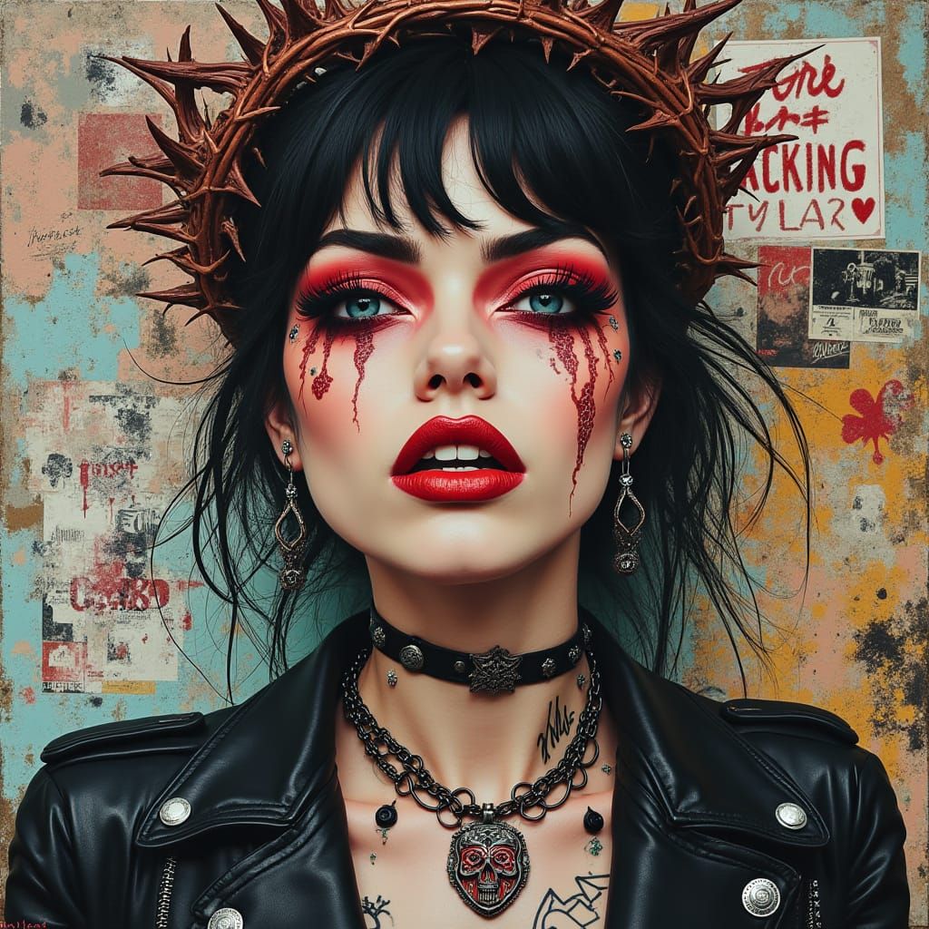 Punk Rock Queen Surreal Portrait in Basquiat Style