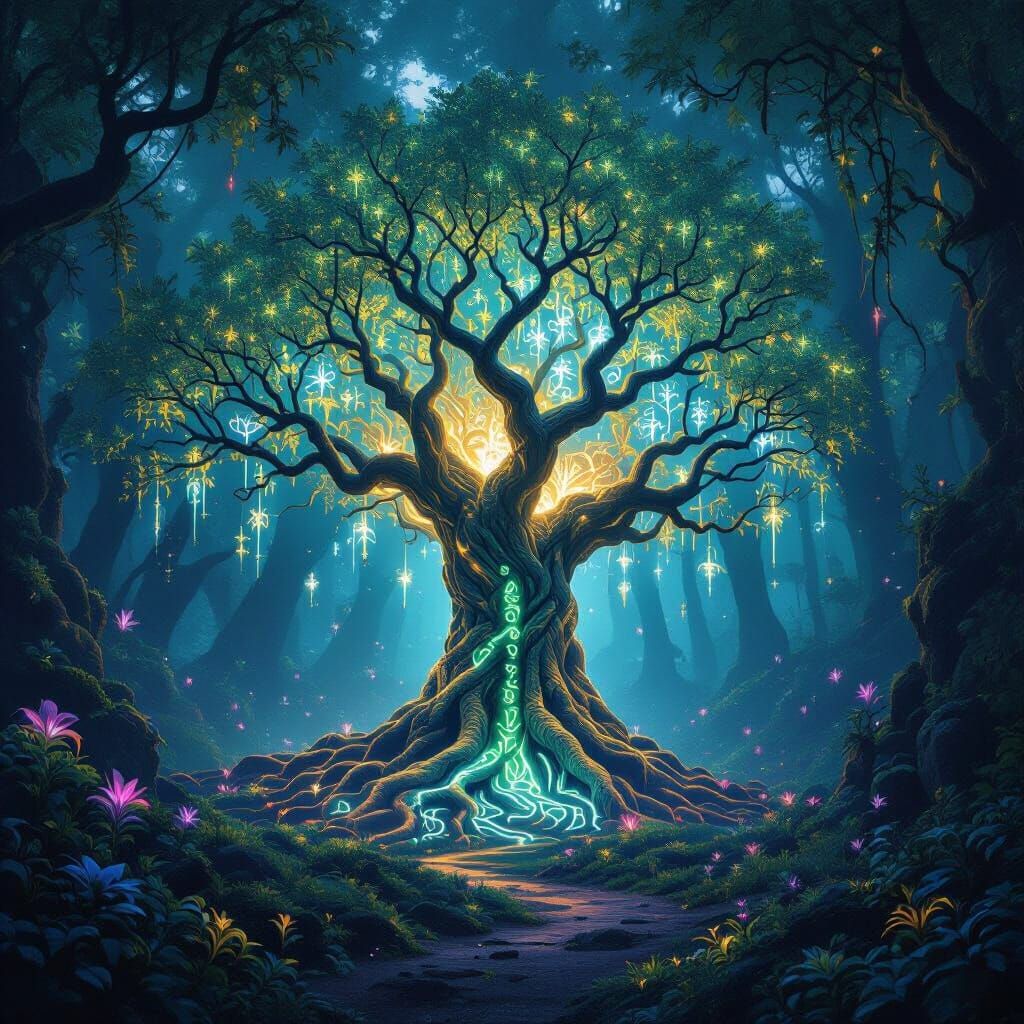 Bioluminescent Tree with Glowing Runes in Enchanted Forest