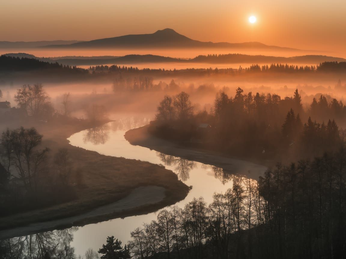 Moody Sunrise Over Misty River Valley