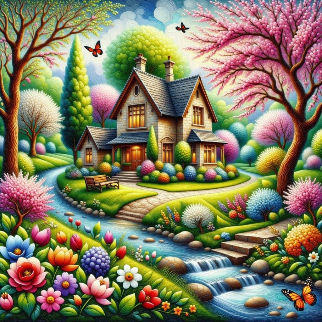 Surreal Springtime Cottage Scene in Vibrant Impasto Style