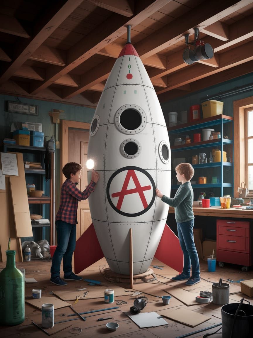 Kids Building Spaceship: Digital Collage Art