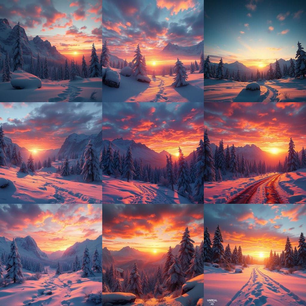 Ethereal Snowy Wonders at Sunset in Vibrant 8K